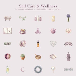K&ouml;nnte beinhalten: Eine Sammlung von 25 Aquarellillustrationen mit dem Titel Self Care & Wellness, die Elemente wie eine Badewanne, einen Jaderoller, &auml;therische &Ouml;lflaschen, eine Kerze, Lavendel, ein Tagebuch, eine Teetasse, eine Yoga-Figur, einen Kristall, ein Handtuch, eine Matte, eine Kugel, eine Tropfflasche, ein Herz, eine Schlafmaske, eine Schale, Hausschuhe, einen Bademantel und einen Kranz zeigt.