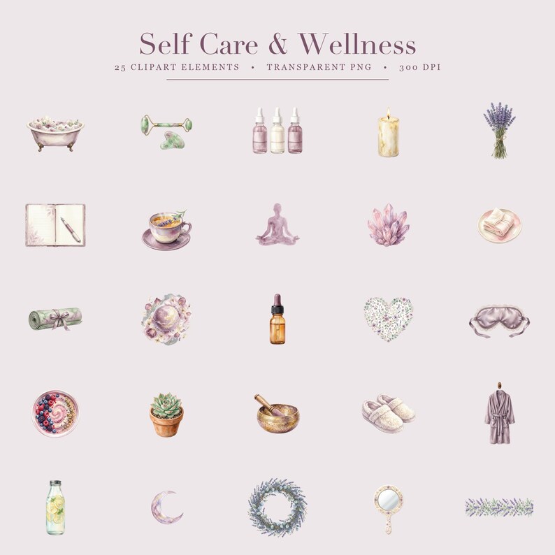 K&ouml;nnte beinhalten: Eine Sammlung von 25 Aquarellillustrationen mit dem Titel Self Care & Wellness, die Elemente wie eine Badewanne, einen Jaderoller, &auml;therische &Ouml;lflaschen, eine Kerze, Lavendel, ein Tagebuch, eine Teetasse, eine Yoga-Figur, einen Kristall, ein Handtuch, eine Matte, eine Kugel, eine Tropfflasche, ein Herz, eine Schlafmaske, eine Schale, Hausschuhe, einen Bademantel und einen Kranz zeigt.