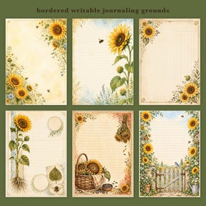 May include: Six rectangular sheets of stationery featuring bordered writable journaling grounds. Each sheet displays watercolor illustrations of sunflowers, bees, and rustic elements like a woven basket, a wooden gate, and lined paper textures.