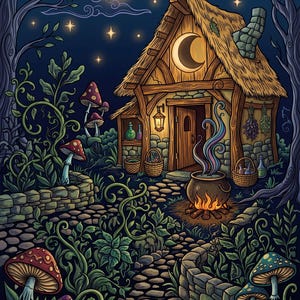 Pode incluir: Uma ilustra&ccedil;&atilde;o digital de uma cabana com telhado de palha &agrave; noite, apresentando um caminho de pedra, um caldeir&atilde;o borbulhante sobre uma fogueira e v&aacute;rios cogumelos. A cena inclui uma lua crescente no c&eacute;u, lanternas e cestas de garrafas.