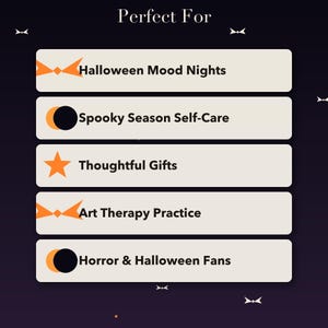 Pode incluir: Um gr&aacute;fico roxo escuro com o texto Perfect For no topo. Cinco barras retangulares horizontais bege claro cont&ecirc;m o texto: Halloween Mood Nights, Spooky Season Self-Care, Thoughtful Gifts, Art Therapy Practice e Horror & Halloween Fans.