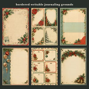 May include: A collection of six rectangular sheets featuring bordered writable journaling grounds with vintage Christmas illustrations including poinsettias, pine branches, ornaments, candles, and bells on aged paper textures with lined sections.
