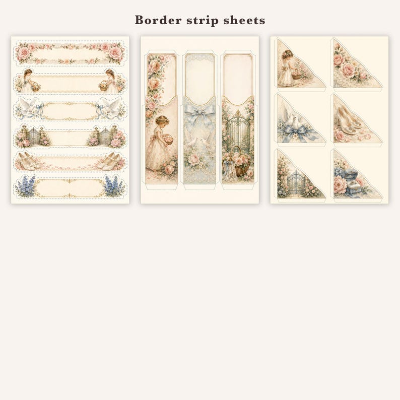 May include: Three sheets of paper labeled Border strip sheets featuring vintage-style illustrations of roses, children, doves, gates, and shoes. The designs are arranged in horizontal strips, vertical bookmarks, and triangular corner accents.