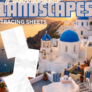 May include: Tracing sheets featuring famous landscapes, with the title "Famous Landscapes Tracing Sheets" in a stylized font. The image shows a scenic view of Santorini, Greece, with white buildings, blue domes, and the sea. Three tracing sheets are in the foreground.