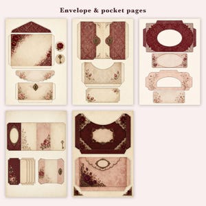K&ouml;nnte beinhalten: Eine Sammlung von bedruckbaren Bastelb&ouml;gen mit der Aufschrift Envelope & pocket pages, die dunkelrote und cremefarbene Blumenmuster, verzierte Schl&uuml;ssellochmotive und Rosenillustrationen auf verschiedenen Umschlagvorlagen, Taschen und Etiketten zeigen.