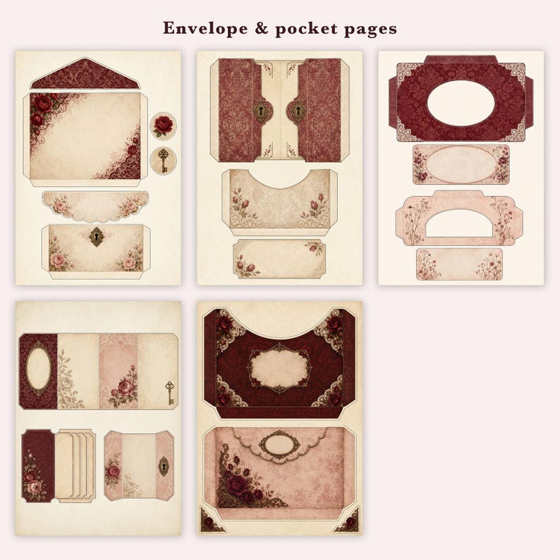 K&ouml;nnte beinhalten: Eine Sammlung von bedruckbaren Bastelb&ouml;gen mit der Aufschrift Envelope & pocket pages, die dunkelrote und cremefarbene Blumenmuster, verzierte Schl&uuml;ssellochmotive und Rosenillustrationen auf verschiedenen Umschlagvorlagen, Taschen und Etiketten zeigen.