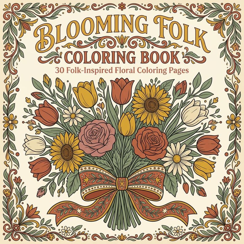 May include: A square coloring book titled Blooming Folk Coloring Book with the subtitle 30 Folk-Inspired Floral Coloring Pages. The cover features a central bouquet of sunflowers, roses, and tulips tied with a patterned ribbon, framed by vines.