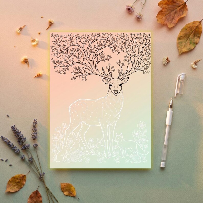 Puede incluir: Una impresi&oacute;n art&iacute;stica rectangular que presenta un ciervo blanco con elaboradas cornamentas en forma de &aacute;rbol. El ciervo tiene un patr&oacute;n punteado sobre un fondo degradado rosa y verde. La imagen incluye un zorro, conejos y flores.