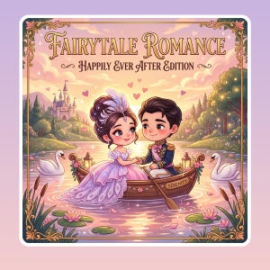 Op de afbeelding: Een vierkante illustratie getiteld Fairytale Romance Happily Ever After Edition met een koppel in een houten boot genaamd Serenity op een meer met zwanen, waterlelies en een kasteel op de achtergrond onder een roze en gouden zonsondergang.