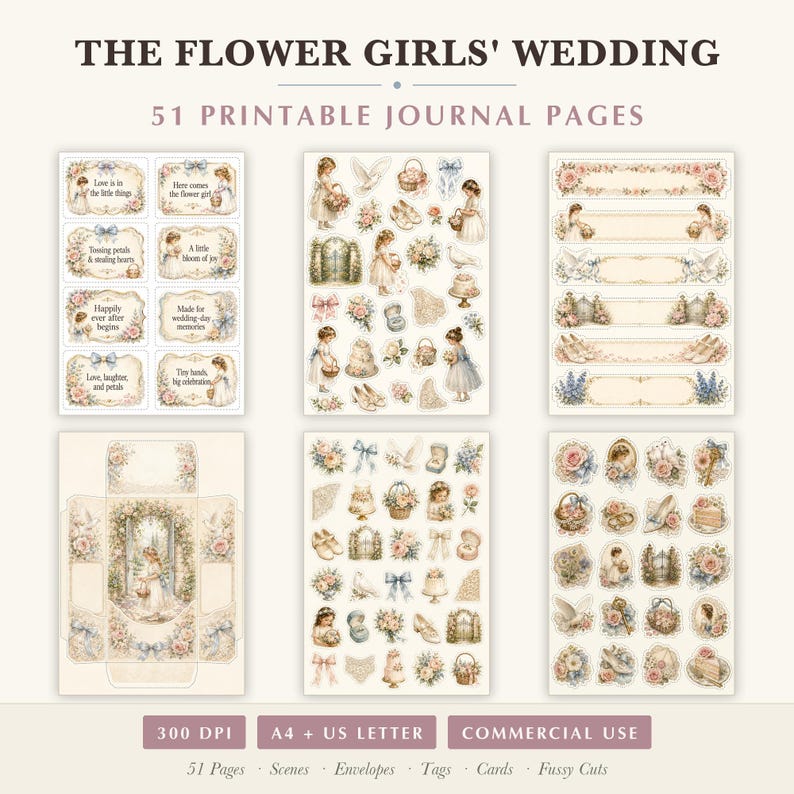 May include: A collection of 51 printable journal pages titled THE FLOWER GIRLS' WEDDING. The set includes sheets with rectangular labels, stickers of flower girls, wedding cakes, doves, and floral arrangements, plus envelope templates and tags.