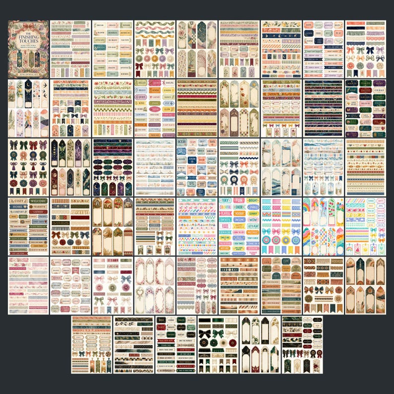 May include: A collection of sticker sheets featuring various designs including bookmarks, ribbons, bows, labels, and decorative borders in diverse colors and patterns. The top left sheet displays the text The Finishing Touches.