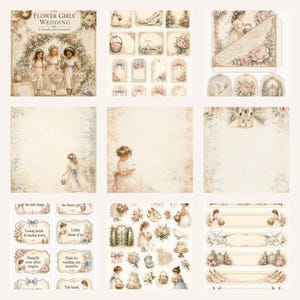 May include: A printable junk journal kit titled The Flower Girls' Wedding featuring vintage-style illustrations of children in white dresses, floral arrangements, doves, wedding cakes, and decorative tags in soft cream, pink, and blue tones.