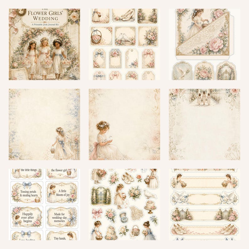 May include: A printable junk journal kit titled The Flower Girls' Wedding featuring vintage-style illustrations of children in white dresses, floral arrangements, doves, wedding cakes, and decorative tags in soft cream, pink, and blue tones.