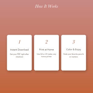 May include: A digital instruction graphic on a terracotta background with the title How It Works. Three white vertical rectangles display steps: 1. Instant Download, Get your PDF right after checkout; 2. Print at Home, Use A4 or US Letter; 3. Color & Enjoy.