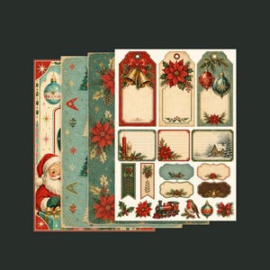 May include: A collection of Christmas-themed paper sheets and gift tags featuring vintage-style illustrations of Santa Claus, poinsettias, golden bells, ornaments, a steam train, a robin, and a winter cabin scene with various decorative borders.