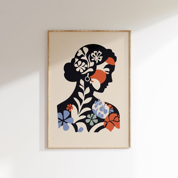 Modern Female Portrait, Matisse Cut Outs Inspired Print, Abstract Female Profile Silhouette, Floral Boho Decor, Presents for Mom