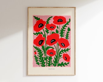 Impression d'art coquelicot, affiche botanique, décoration vintage minimaliste, impression colorée, décoration de chambre à coucher