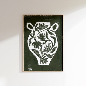 Impresión de arte de jarrón floral, dibujo de flor verde oliva, cartel de arte cerámico de moda, decoración mínima del dormitorio, impresión dibujada a mano, acento de pared moderno