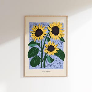 Lámina artística de girasoles / Póster floral minimalista / Decoración botánica colorida para sala de estar / Regalo perfecto para el Día de la Madre / Sunshine Cottagecore