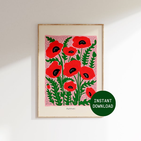 Poppy Botanical Print Digital Download, Dopamine Decor, Instant Digital Download, Printable Art, Master Bedroom Decor