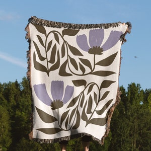 Botanical Cotton Throw, Wildflower Woven Blanket, Matisse Inspired Lavender & Olive Floral Bed Cover, Woven Wall Tapestry