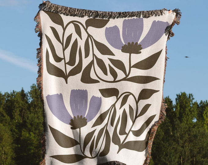 Jeté en coton botanique, couverture tissée fleurs sauvages, couvre-lit à fleurs lavande et olive inspiration Matisse, tapisserie murale tissée