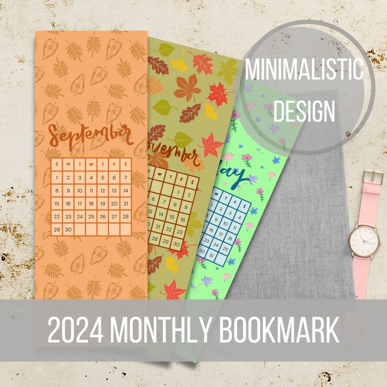Printable Bookmark Bundle, Cute Monthly Bookmark, 2024 Calendar