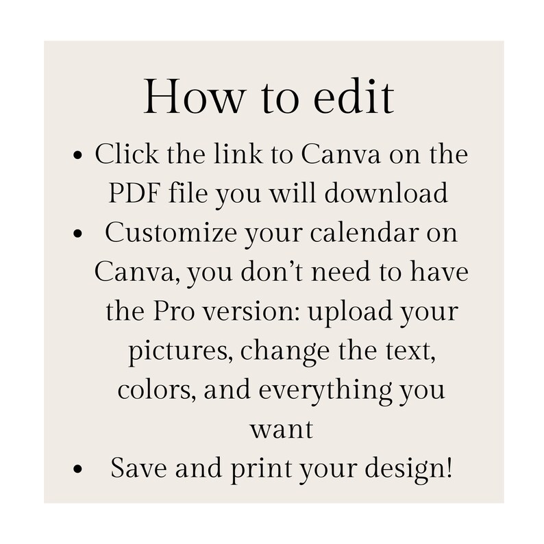 2024 Editable Calendar Template, Canva Template, Editable Photo ...