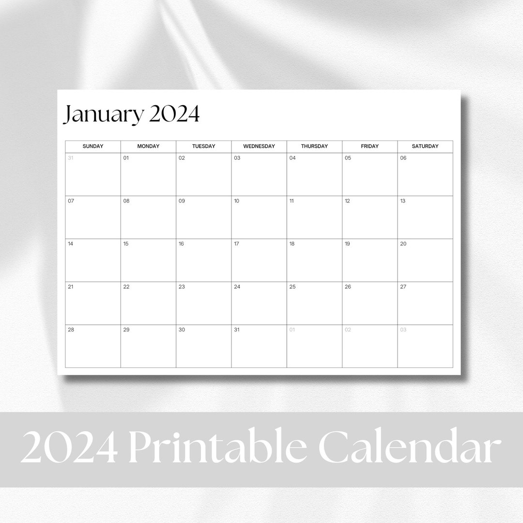 Printable Calendar 2024, Horizontal Calendar, Monthly Planner Landscape