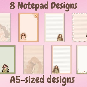 May include: Eight A5-sized notepad designs featuring illustrations of women with floral accents. The designs include lined paper with different colored borders.