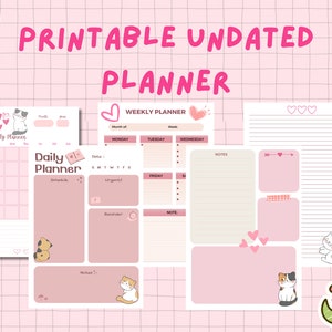 May include: Printable undated planner with pink and white color scheme. The planner includes a monthly calendar, a daily planner, a weekly planner, and a notes page. Each page features cute cat illustrations and hearts.