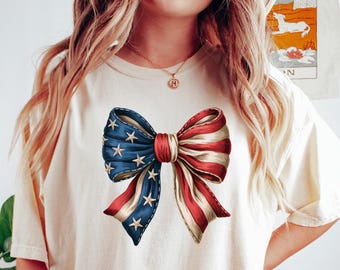 4th of July Shirt, Coquette American Flag Shirt, USA Bow Shirt, 4th of July Tee, Women's Patriotic Shirt, Red White and Blue