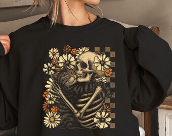 Skeleton Hugging Cat Floral Halloween Sweatshirt, Cute Spooky Skeleton Cat Shirt, Cat Mom Gift, Halloween Gift, Halloween Floral Cat