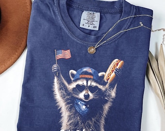 Camiseta Comfort Colors® America con mapache y perrito caliente, camiseta patriótica divertida de mapache, camiseta del 4 de julio, camiseta divertida de mapache y perrito caliente, camiseta de América