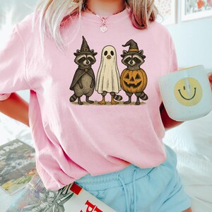 May include: A light pink sweatshirt featuring a Halloween-themed graphic. The graphic depicts three cartoon characters: two raccoons wearing witch hats and a ghost. One raccoon has a pumpkin body. The sweatshirt is a comfortable, casual style.
