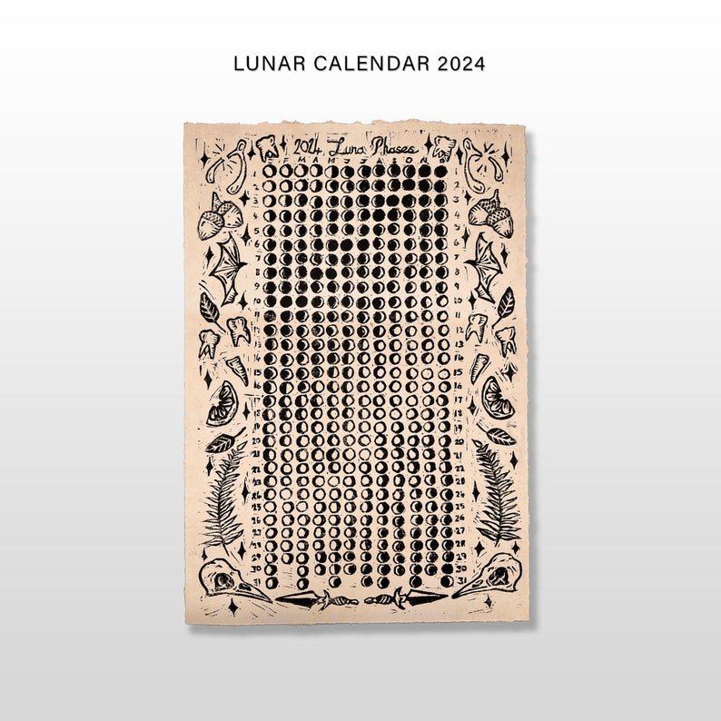 Lunar Moon Calendar 2024 Lino Print Astronomical Artistry Etsy UK