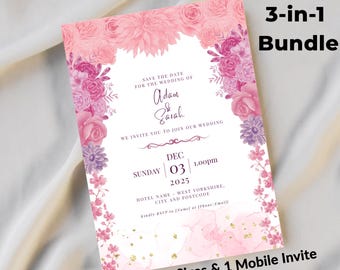 Blush Floral Wedding Invitation Template Floral Nikkah Invitation Template 3 in 1 4x6 5x7 Mobile Editable Canva Invite Digital RSVP