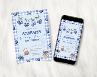 Berry Sweet Baby Shower Invitation Blue Boy Invite Fruit Invite Gingham Printable Mobile Invite Blueberry Baby Shower Invitation