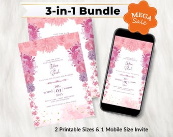 Blush Floral Wedding Invitation Template Bundle 4x6 5x7 Floral Mobile Invite Luxury Floral Nikkah Invitation Template Download Pink Rose