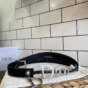 Authentic Christian Dior Black Leather Logo Carm Belt Size 105 84BM-0054
