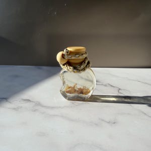 Könnte beinhalten: Eine kleine, klare Glasflasche in Apfelform mit einem hellen Holzstopfen. Der Flaschenhals ist mit einer dekorativen geflochtenen Kordel und einer einzelnen Holzperle umwickelt, während sich am Boden kleine, getrocknete organische Fragmente befinden.