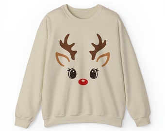 Reindeer Sweatshirt, Cute Reindeer Face, Christmas Gift, Reindeer with Antlers, Christmas Tee