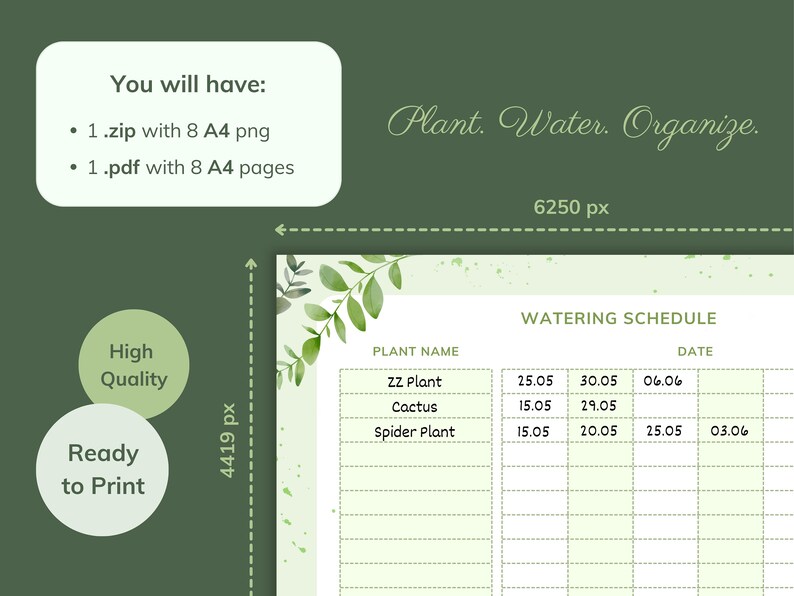 Printable Plant Watering Schedule Digital Gift Plant Organizer Etsy