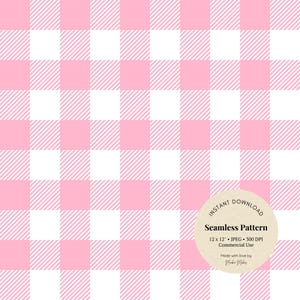 May include: A seamless digital paper pattern featuring a pink and white gingham design. The pattern is 12 inches by 12 inches and is 300 DPI. It is for commercial use.