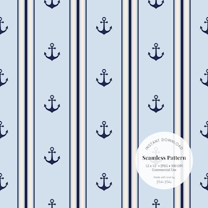Motif nautique bleu layette - Papier numérique à rayures ancre, JPG motif côtier sans couture pour décoration de chambre d'enfant, travaux manuels et tissus