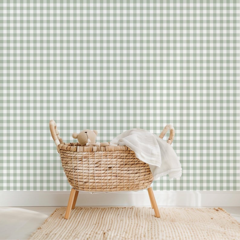 Nursery wallpaper with sage green gingham seamless pattern – soft pastel digital paper