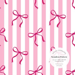 Papier numérique rose à rayures avec noeuds - Coquette motif JPG sans couture pour scrapbooking, emballage, projets de tissu