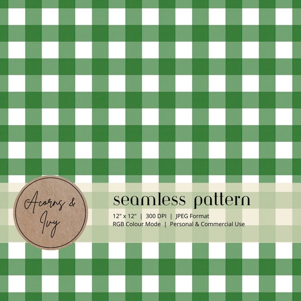 Green Gingham Seamless Pattern, Christmas Gingham Seamless Repeat Pattern, Green Check seamless, Cottage Core, Commercial Use