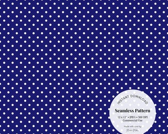 Może przedstawiać: Bezszwowy wzór z granatowym tłem i równomiernie rozmieszczonymi białymi kropkami. Białe koło w prawym dolnym rogu zawiera napis "Instant Download Seamless Pattern". Wzór ma wymiary 12 x 12 cali i jest do użytku komercyjnego.