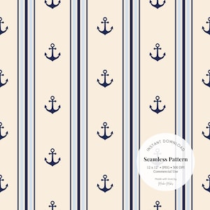 Motif à rayures ancre - Papier numérique nautique, JPG bleu marine sans couture pour décoration côtière, tissu et travaux manuels